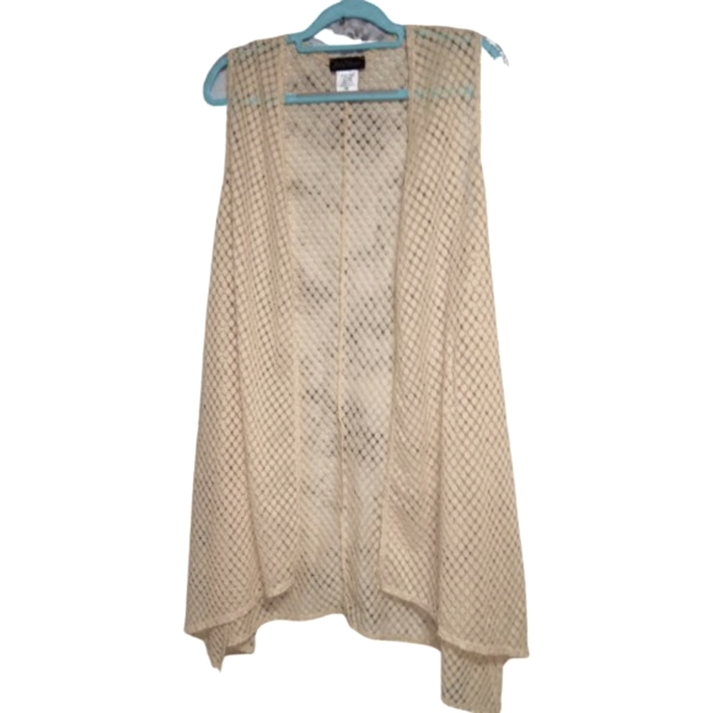 Slinky Brand Open Waterfall Cardigan Lace Knit Sleeveless Size 1X Beige